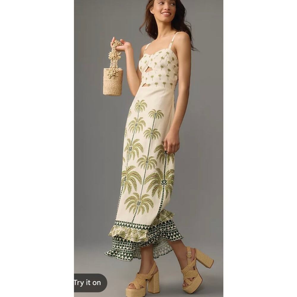 FARM RIO ANTHROPOLOGIE SLEEVELESS RUFFLE-HEM DRESS NWT SIZE LARGE LINEN BLEND